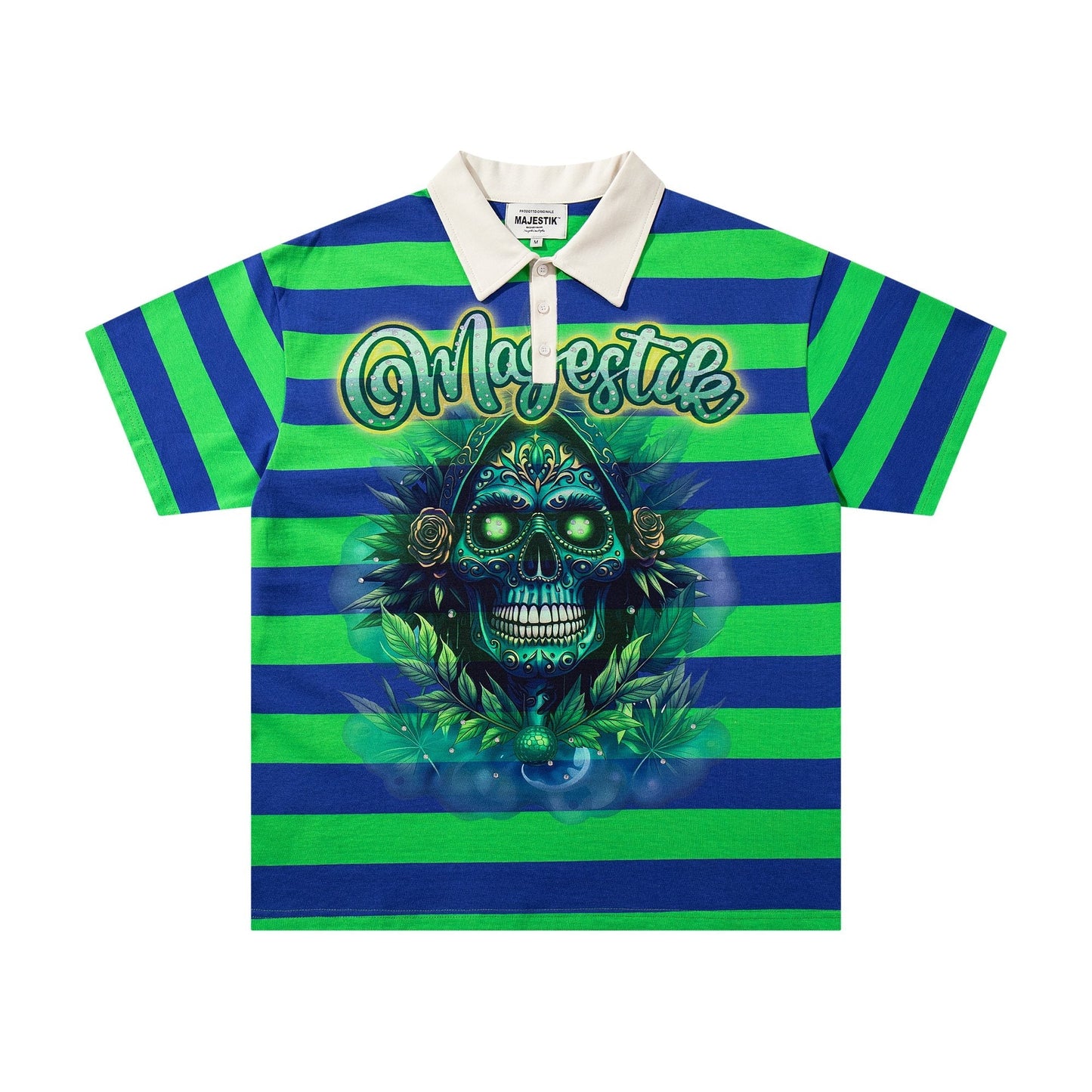 MAJESTIK Green/Blue Striped Skull Graphic Polo Shirt ¡ª hero