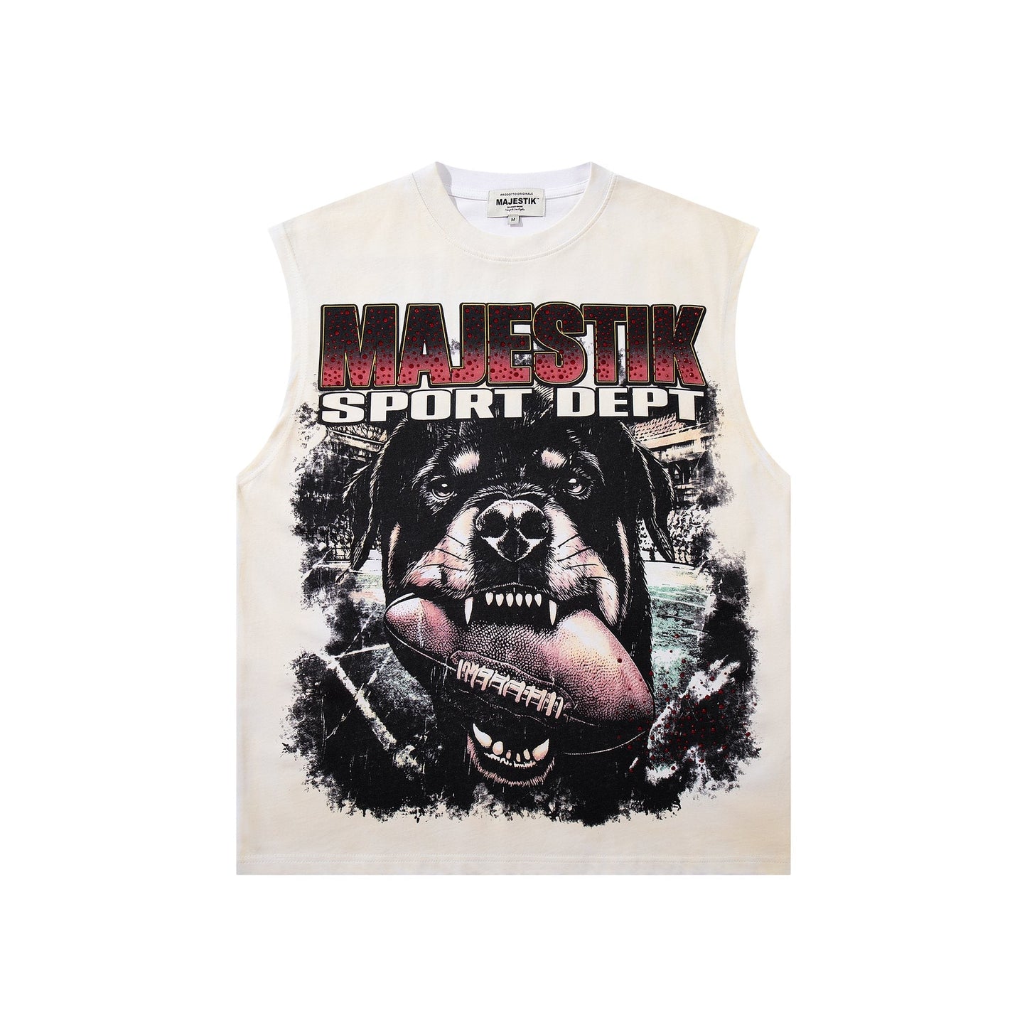 MAJESTIK Cream Distressed Rhinestone Sleeveless T-Shirt ¡ª hero
